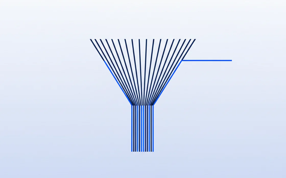 Abstract illustration: a funnel of lines that stops before its opening, with one line breaking away