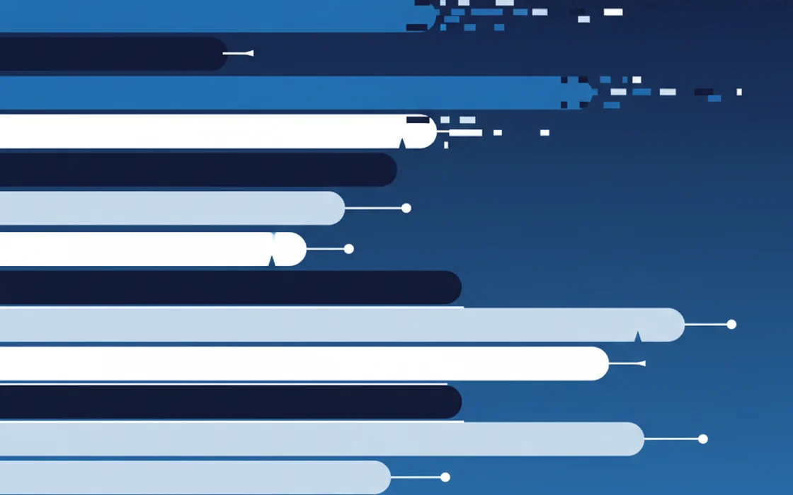 Abstract illustration: stacked bars like a feed of records, one dissolving into dashes
