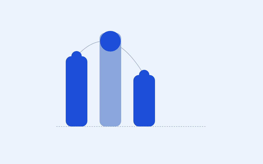 Abstract illustration: three bars of different heights meeting at a single point above them